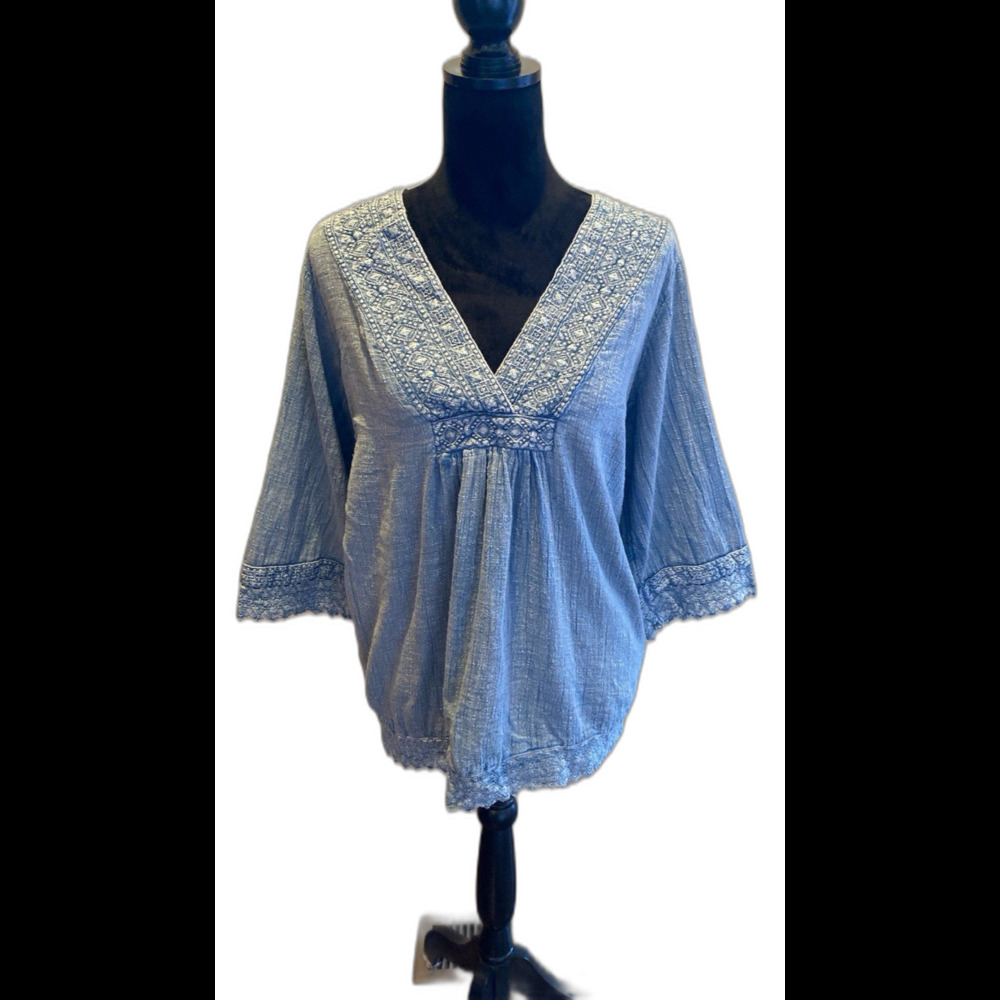 Rachel & Zoe Blouse‎ Plus Size 1X Boho Pleasant Top Chambray Lace V Neck Flowy